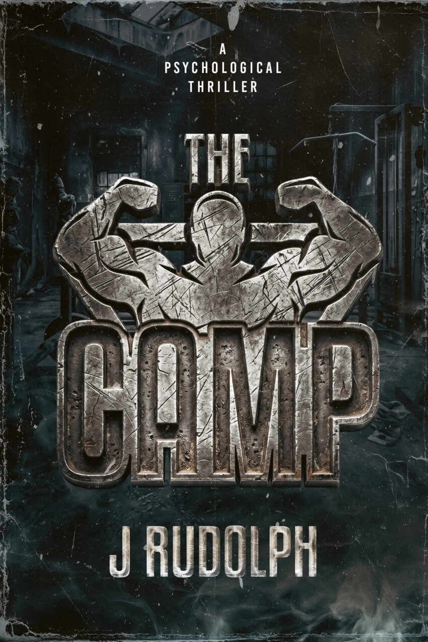 Book cover for The Camp. A dimly lit decrepit gym lies behind a metal forged logo that says The Camp. featured in the logo, also metal forged, is a silhouette of a body builder flexing their muscles